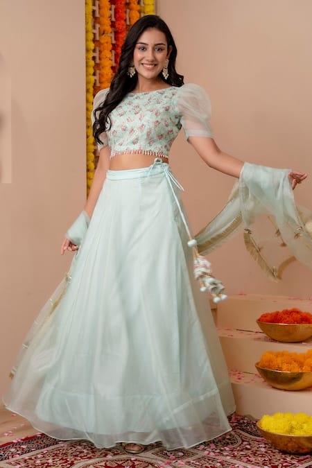 Buy Kohsh Green Organza Embroidered Gota Round Solid Lehenga Set With Printed Blouse Online at Aza Fashions Buy_Kohsh_Green Organza Embroidered Gota Round Solid Lehenga Set With Printed Blouse_Online_at_Aza_Fashions