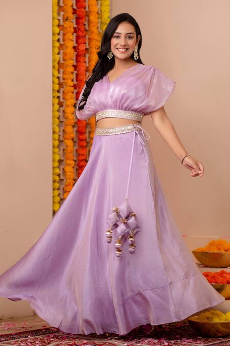 Buy_Kohsh_Purple Tissue Silk Solid V-neck Lehenga Set With Balloon Blouse _Online_at_Aza_Fashions
