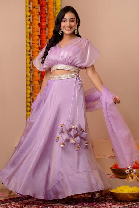 Shop_Kohsh_Purple Tissue Silk Solid V-neck Lehenga Set With Balloon Blouse _Online_at_Aza_Fashions