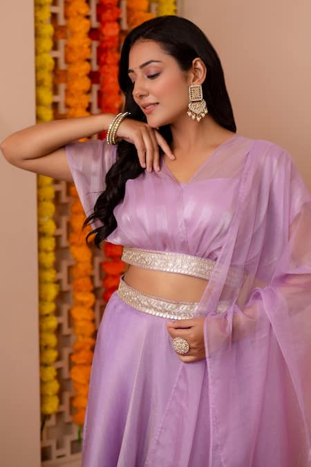 Kohsh_Purple Tissue Silk Solid V-neck Lehenga Set With Balloon Blouse _at_Aza_Fashions