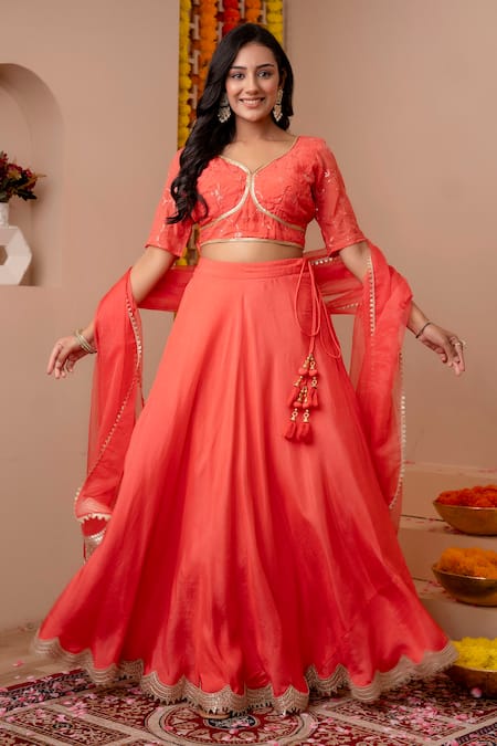 Buy Kohsh Peach Silk Embroidery, Sequins V-neck Lehenga Set With Blouse Online at Aza Fashions Buy_Kohsh_Peach Silk Embroidery, Sequins V-neck Lehenga Set With Blouse _Online_at_Aza_Fashions