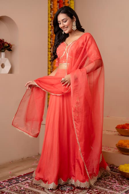 Shop Kohsh Peach Silk Embroidery, Sequins V-neck Lehenga Set With Blouse Online at Aza Fashions Shop_Kohsh_Peach Silk Embroidery, Sequins V-neck Lehenga Set With Blouse _Online_at_Aza_Fashions