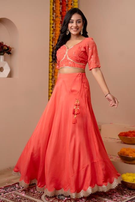 Kohsh Peach Silk Embroidery, Sequins V-neck Lehenga Set With Blouse at Aza Fashions Kohsh_Peach Silk Embroidery, Sequins V-neck Lehenga Set With Blouse _at_Aza_Fashions