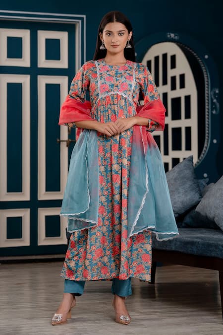 Kohsh Blue Chinon Printed Floral Round Garden Anarkali Pant Set  