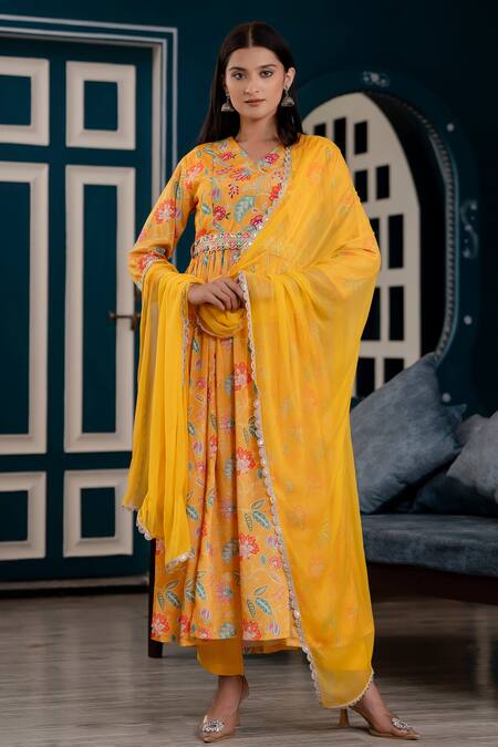 Buy_Kohsh_Yellow Chinon Printed Floral V-neck Jaal Anarkali Pant Set _Online_at_Aza_Fashions