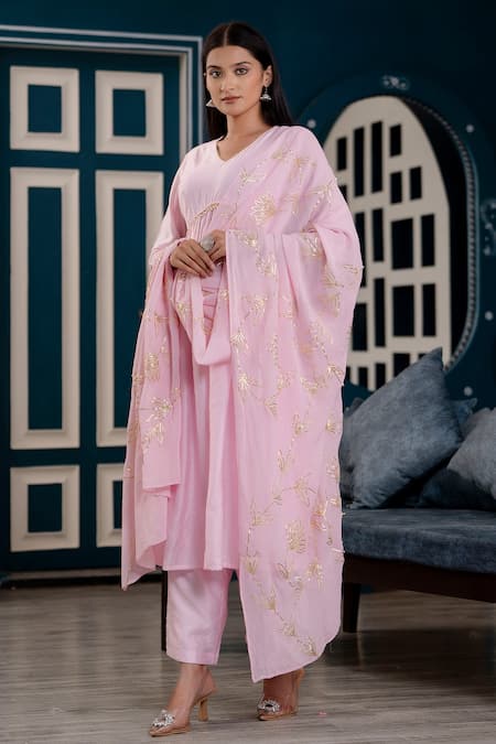 Shop_Kohsh_Pink Chanderi Gota Patti, Pearls V-neck Anarkali Set With Embroidered Dupatta _Online_at_Aza_Fashions