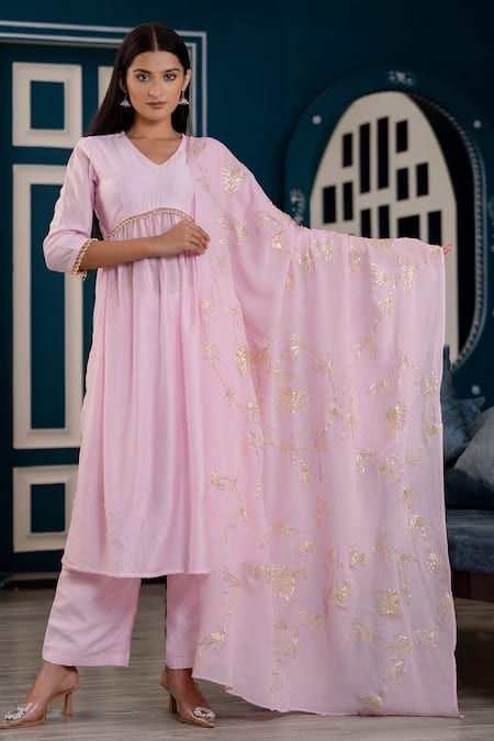 Kohsh_Pink Chanderi Gota Patti, Pearls V-neck Anarkali Set With Embroidered Dupatta _at_Aza_Fashions