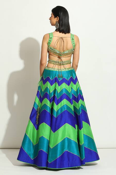 Vandana Sethi_Multi Color Denim, Silk Mirrors, Embroidery Round Work Blouse Bridal Lehenga Set _Online_at_Aza_Fashions