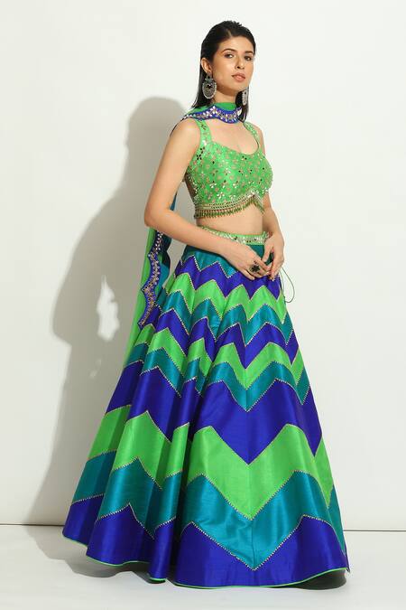 Buy_Vandana Sethi_Multi Color Denim, Silk Mirrors, Embroidery Round Work Blouse Bridal Lehenga Set _Online_at_Aza_Fashions