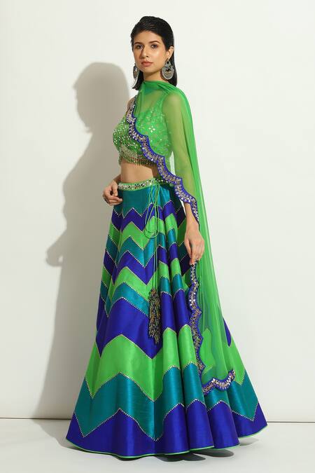 Shop_Vandana Sethi_Multi Color Denim, Silk Mirrors, Embroidery Round Work Blouse Bridal Lehenga Set _Online_at_Aza_Fashions