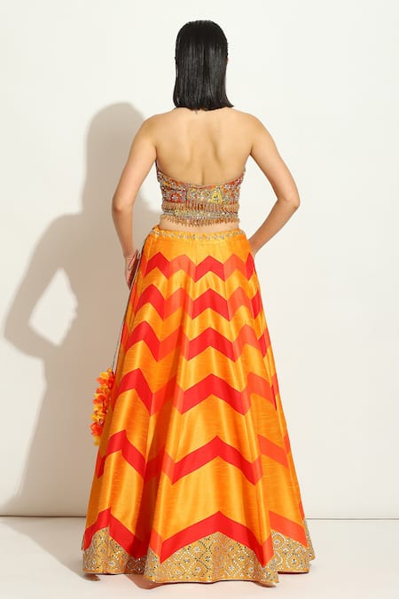 Vandana Sethi_Multi Color Silk Mirrors, Embroidery Halter Neck Chevron Pattern Lehenga Set _Online_at_Aza_Fashions