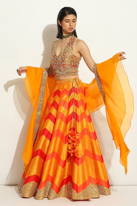 Shop_Vandana Sethi_Multi Color Silk Mirrors, Embroidery Halter Neck Chevron Pattern Lehenga Set _Online_at_Aza_Fashions