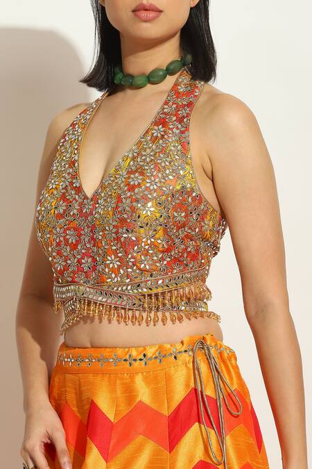 Vandana Sethi_Multi Color Silk Mirrors, Embroidery Halter Neck Chevron Pattern Lehenga Set _at_Aza_Fashions