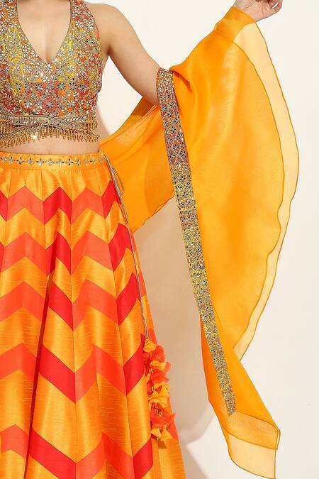 Buy_Vandana Sethi_Multi Color Silk Mirrors, Embroidery Halter Neck Chevron Pattern Lehenga Set 
