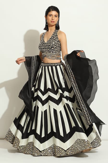 Vandana Sethi Black Silk Mirrors Halter Neck Embroidered Blouse Lehenga Set