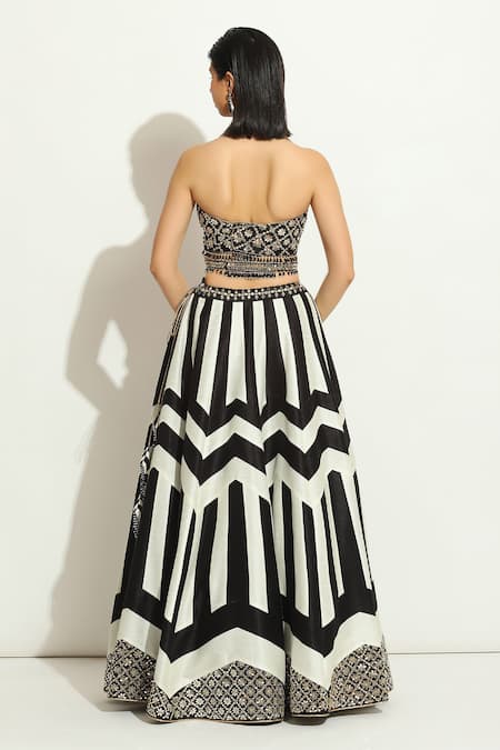 Vandana Sethi_Black Silk Mirrors Halter Neck Embroidered Blouse Lehenga Set _Online_at_Aza_Fashions