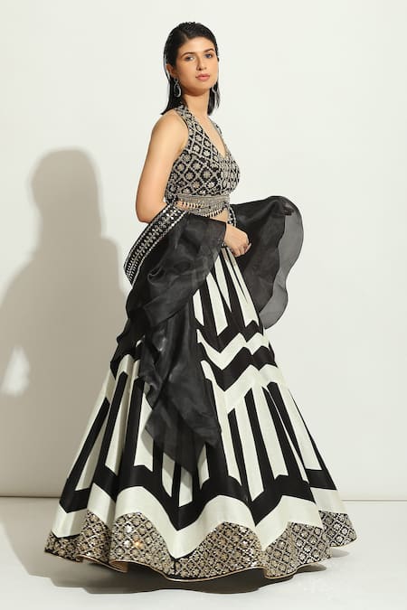 Buy_Vandana Sethi_Black Silk Mirrors Halter Neck Embroidered Blouse Lehenga Set _Online_at_Aza_Fashions