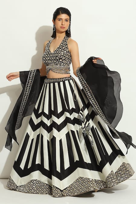 Shop_Vandana Sethi_Black Silk Mirrors Halter Neck Embroidered Blouse Lehenga Set _Online_at_Aza_Fashions