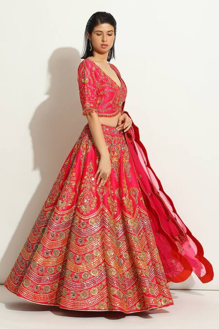 Buy_Vandana Sethi_Fuchsia Silk Embroidery, Sequins, Zari, Mirrors Asymmetric Bridal Lehenga Set _Online_at_Aza_Fashions