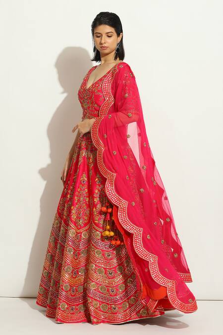 Shop_Vandana Sethi_Fuchsia Silk Embroidery, Sequins, Zari, Mirrors Asymmetric Bridal Lehenga Set _Online_at_Aza_Fashions