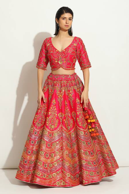 Vandana Sethi_Fuchsia Silk Embroidery, Sequins, Zari, Mirrors Asymmetric Bridal Lehenga Set _at_Aza_Fashions