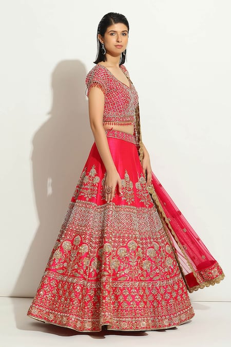 Buy Vandana Sethi Fuchsia Silk Zari, Embroidery, Sequins Asymmetric Zardozi Bridal Lehenga Set Online at Aza Fashions Buy_Vandana Sethi_Fuchsia Silk Zari, Embroidery, Sequins Asymmetric Zardozi Bridal Lehenga Set _Online_at_Aza_Fashions