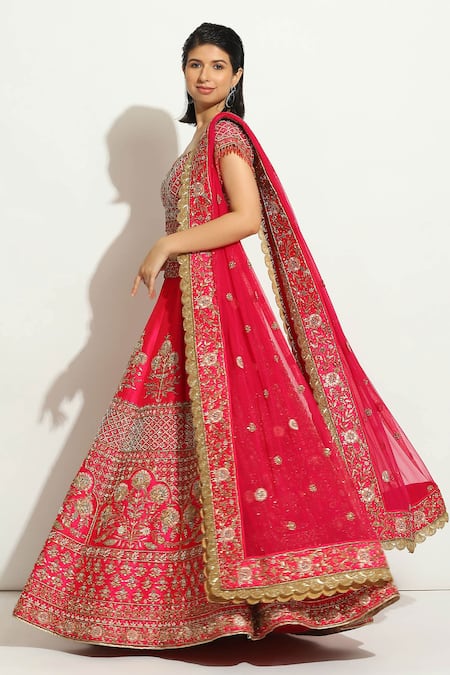 Shop Vandana Sethi Fuchsia Silk Zari, Embroidery, Sequins Asymmetric Zardozi Bridal Lehenga Set Online at Aza Fashions Shop_Vandana Sethi_Fuchsia Silk Zari, Embroidery, Sequins Asymmetric Zardozi Bridal Lehenga Set _Online_at_Aza_Fashions