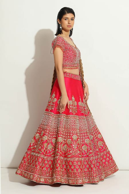 Vandana Sethi Fuchsia Silk Zari, Embroidery, Sequins Asymmetric Zardozi Bridal Lehenga Set at Aza Fashions Vandana Sethi_Fuchsia Silk Zari, Embroidery, Sequins Asymmetric Zardozi Bridal Lehenga Set _at_Aza_Fashions