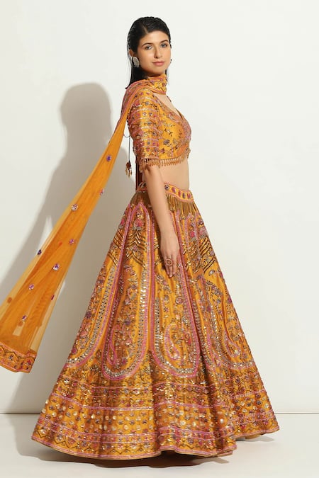 Buy Vandana Sethi Yellow Denim, Silk Embroidery, Sequins, Zari Zardozi Blouse Bridal Lehenga Set Online at Aza Fashions Buy_Vandana Sethi_Yellow Denim, Silk Embroidery, Sequins, Zari Zardozi Blouse Bridal Lehenga Set _Online_at_Aza_Fashions