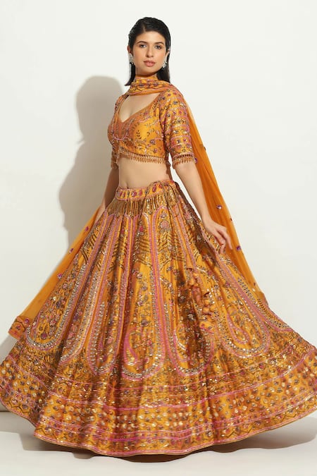 Shop Vandana Sethi Yellow Denim, Silk Embroidery, Sequins, Zari Zardozi Blouse Bridal Lehenga Set Online at Aza Fashions Shop_Vandana Sethi_Yellow Denim, Silk Embroidery, Sequins, Zari Zardozi Blouse Bridal Lehenga Set _Online_at_Aza_Fashions