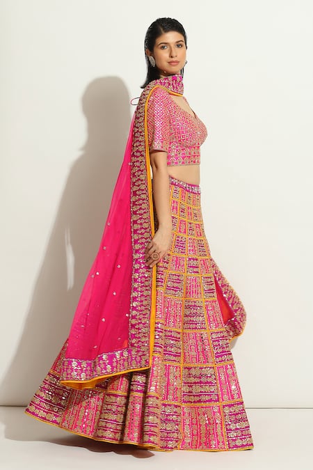 Buy_Vandana Sethi_Multi Color Denim, Silk Sequins, Embroidery, Gota Patti, Bridal Lehenga Set _Online_at_Aza_Fashions