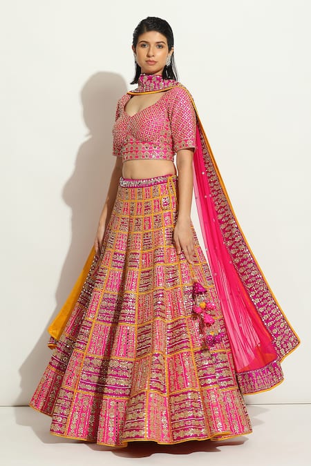 Shop_Vandana Sethi_Multi Color Denim, Silk Sequins, Embroidery, Gota Patti, Bridal Lehenga Set _Online_at_Aza_Fashions