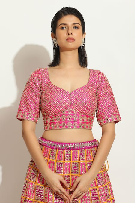 Vandana Sethi_Multi Color Denim, Silk Sequins, Embroidery, Gota Patti, Bridal Lehenga Set _at_Aza_Fashions