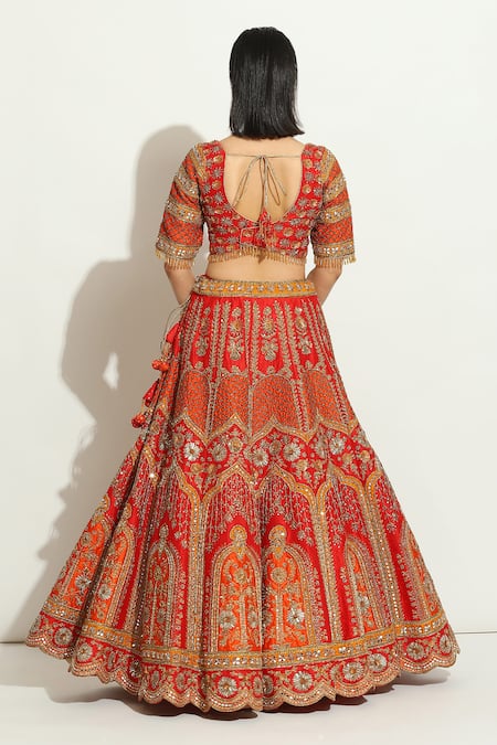 Vandana Sethi Red Silk, Chiffon Embroidery, Zari V-neck Zardozi Work Blouse Bridal Lehenga Set Online at Aza Fashions Vandana Sethi_Red Silk, Chiffon Embroidery, Zari V-neck Zardozi Work Blouse Bridal Lehenga Set _Online_at_Aza_Fashions