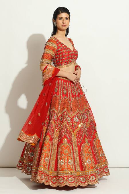 Buy Vandana Sethi Red Silk, Chiffon Embroidery, Zari V-neck Zardozi Work Blouse Bridal Lehenga Set Online at Aza Fashions Buy_Vandana Sethi_Red Silk, Chiffon Embroidery, Zari V-neck Zardozi Work Blouse Bridal Lehenga Set _Online_at_Aza_Fashions