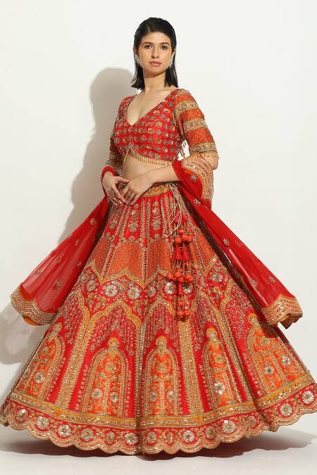 Shop Vandana Sethi Red Silk, Chiffon Embroidery, Zari V-neck Zardozi Work Blouse Bridal Lehenga Set Online at Aza Fashions Shop_Vandana Sethi_Red Silk, Chiffon Embroidery, Zari V-neck Zardozi Work Blouse Bridal Lehenga Set _Online_at_Aza_Fashions