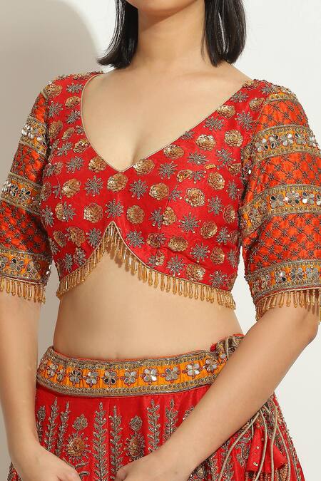Vandana Sethi Red Silk, Chiffon Embroidery, Zari V-neck Zardozi Work Blouse Bridal Lehenga Set at Aza Fashions Vandana Sethi_Red Silk, Chiffon Embroidery, Zari V-neck Zardozi Work Blouse Bridal Lehenga Set _at_Aza_Fashions