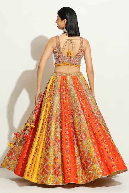 Vandana Sethi_Yellow Brocade Sequins Asymmetric Embroidered Bridal Lehenga Set _Online_at_Aza_Fashions