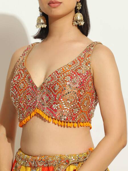 Vandana Sethi_Yellow Brocade Sequins Asymmetric Embroidered Bridal Lehenga Set _at_Aza_Fashions