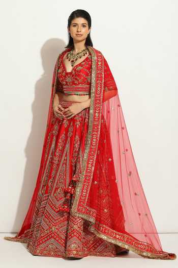 Vandana Sethi Red Silk, Chiffon Zari, Embroidery V-neck Zardozi Blouse Bridal Lehenga Set Online at Aza Fashions Vandana Sethi_Red Silk, Chiffon Zari, Embroidery V-neck Zardozi Blouse Bridal Lehenga Set _Online_at_Aza_Fashions