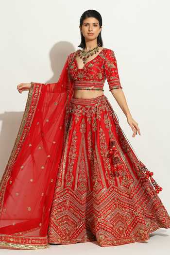 Buy Vandana Sethi Red Silk, Chiffon Zari, Embroidery V-neck Zardozi Blouse Bridal Lehenga Set Online at Aza Fashions Buy_Vandana Sethi_Red Silk, Chiffon Zari, Embroidery V-neck Zardozi Blouse Bridal Lehenga Set _Online_at_Aza_Fashions