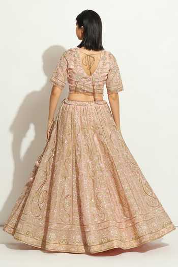 Vandana Sethi Pink Organza Zari, Embroidery V-neck Blouse Bridal Lehenga Set Online at Aza Fashions Vandana Sethi_Pink Organza Zari, Embroidery V-neck Blouse Bridal Lehenga Set _Online_at_Aza_Fashions