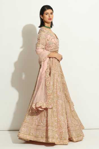 Buy Vandana Sethi Pink Organza Zari, Embroidery V-neck Blouse Bridal Lehenga Set Online at Aza Fashions Buy_Vandana Sethi_Pink Organza Zari, Embroidery V-neck Blouse Bridal Lehenga Set _Online_at_Aza_Fashions