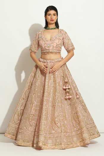 Shop Vandana Sethi Pink Organza Zari, Embroidery V-neck Blouse Bridal Lehenga Set Online at Aza Fashions Shop_Vandana Sethi_Pink Organza Zari, Embroidery V-neck Blouse Bridal Lehenga Set _Online_at_Aza_Fashions