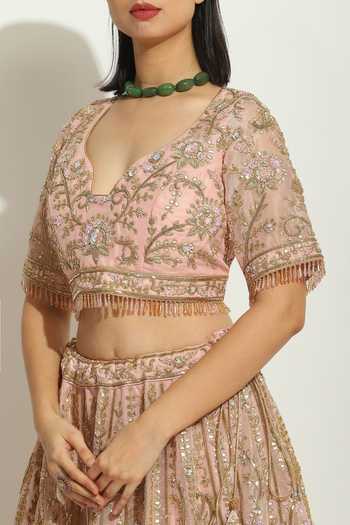 Vandana Sethi Pink Organza Zari, Embroidery V-neck Blouse Bridal Lehenga Set at Aza Fashions Vandana Sethi_Pink Organza Zari, Embroidery V-neck Blouse Bridal Lehenga Set _at_Aza_Fashions