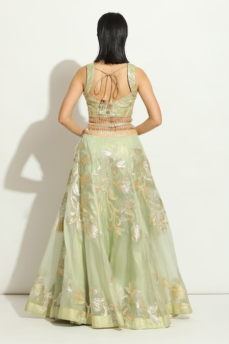 Vandana Sethi Green Organza Gota Patti Sweetheart Neck Embroidered Bridal Lehenga Set Online at Aza Fashions Vandana Sethi_Green Organza Gota Patti Sweetheart Neck Embroidered Bridal Lehenga Set _Online_at_Aza_Fashions
