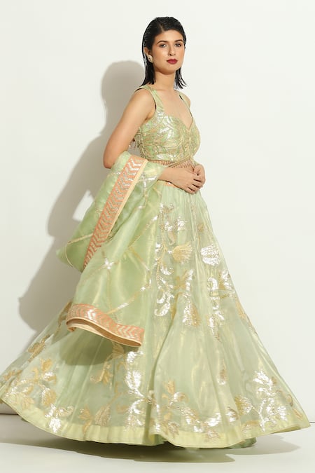 Buy Vandana Sethi Green Organza Gota Patti Sweetheart Neck Embroidered Bridal Lehenga Set Online at Aza Fashions Buy_Vandana Sethi_Green Organza Gota Patti Sweetheart Neck Embroidered Bridal Lehenga Set _Online_at_Aza_Fashions