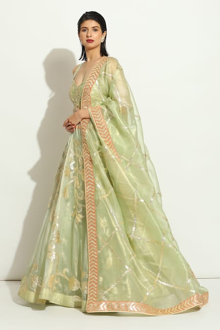 Shop Vandana Sethi Green Organza Gota Patti Sweetheart Neck Embroidered Bridal Lehenga Set Online at Aza Fashions Shop_Vandana Sethi_Green Organza Gota Patti Sweetheart Neck Embroidered Bridal Lehenga Set _Online_at_Aza_Fashions