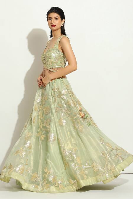 Vandana Sethi Green Organza Gota Patti Sweetheart Neck Embroidered Bridal Lehenga Set at Aza Fashions Vandana Sethi_Green Organza Gota Patti Sweetheart Neck Embroidered Bridal Lehenga Set _at_Aza_Fashions