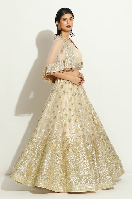 Buy_Vandana Sethi_Ivory Organza Beads, Sequins Round Neck Gota Embroidered Lehenga Cape Set _Online_at_Aza_Fashions